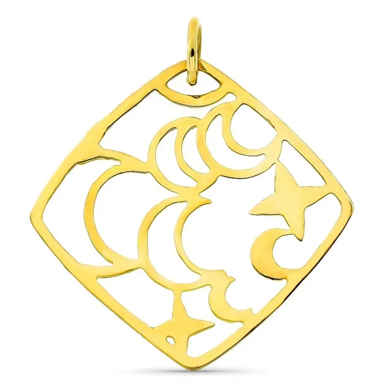 Colgante oro 18k forma rombo interior luna estrellas calados liso