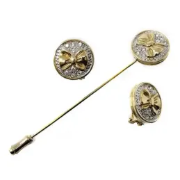Juego bisutería pendientes alfiler dorados piedras lazo [AB4979]