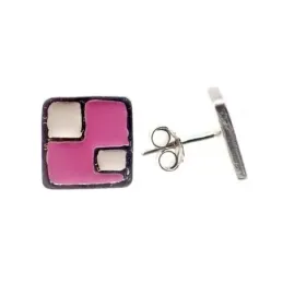 Pendientes plata Ley 925m cuadrados esmalte rosa blanco 10x10mm. mujer cierre presión