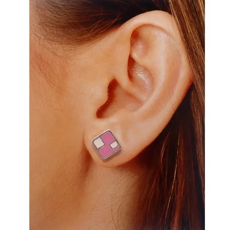 Pendientes plata Ley 925m cuadrados esmalte rosa blanco 10x10mm. mujer cierre presión