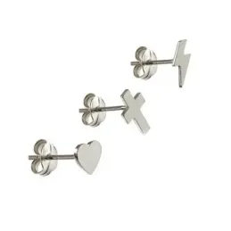 Pendientes mini plata Ley 925m pack x3 cruz corazón rayo cierre presi