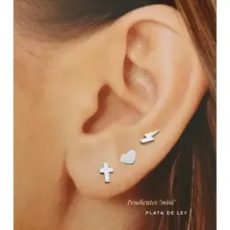 Pendientes mini plata Ley 925m pack x3 cruz corazón rayo cierre presi