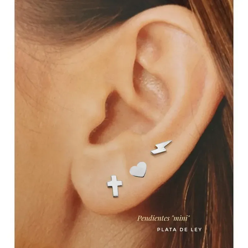 Pendientes mini plata Ley 925m pack x3 cruz corazón rayo cierre presi