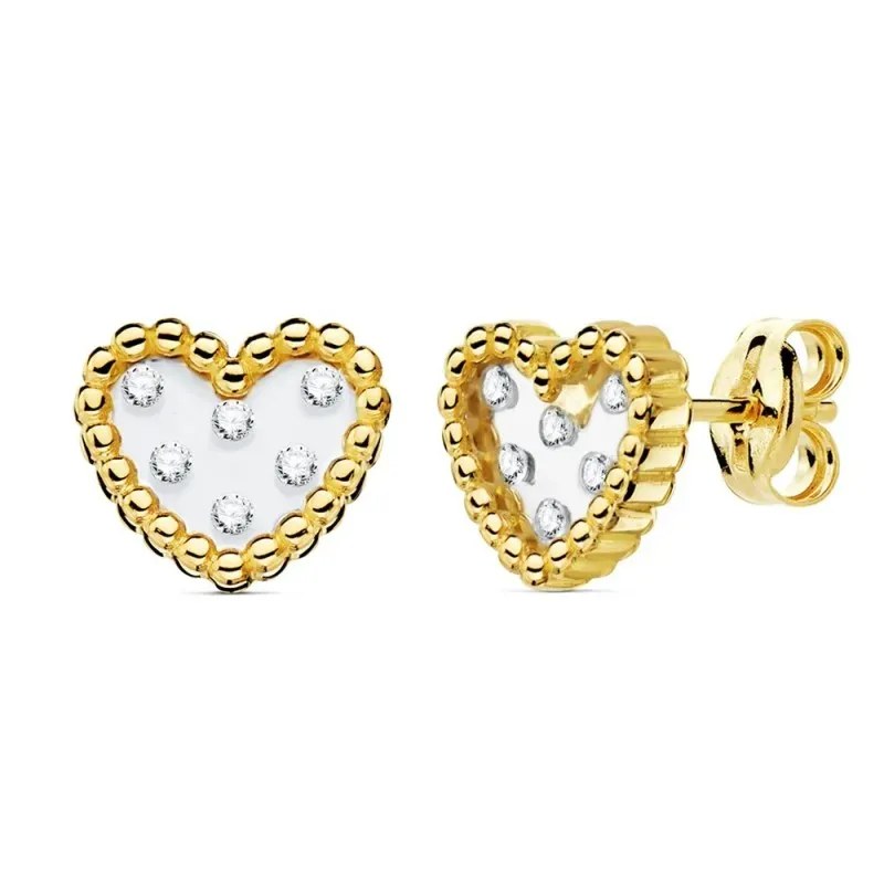 Pendientes oro 18k corazón airshine 9mm fondo membrana transparente circonitas cerco bolitas presión