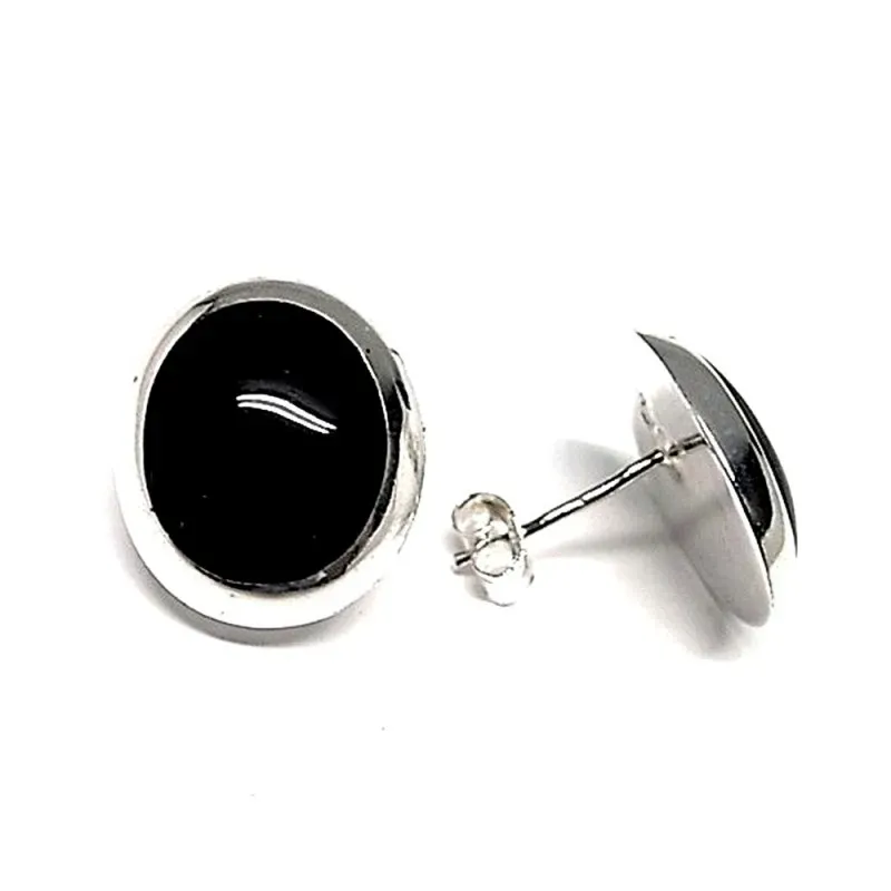 Pendientes plata ley 925m liso 12mm. piedra negra [AA8942]