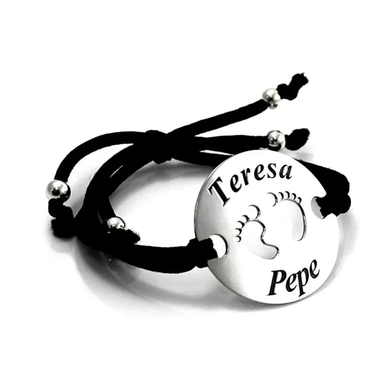 Pulsera plata Ley 925m adaptable chapa huellas pies calados personalizada nombres