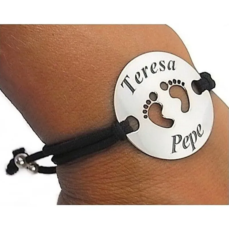 Pulsera plata Ley 925m adaptable chapa huellas pies calados personalizada nombres