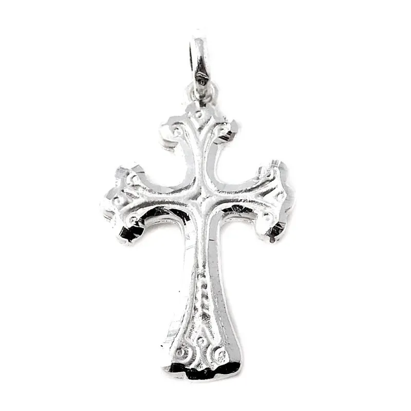 Colgante Cruz labrada plata Ley 925m maciza 38 mm. forma tallada deta