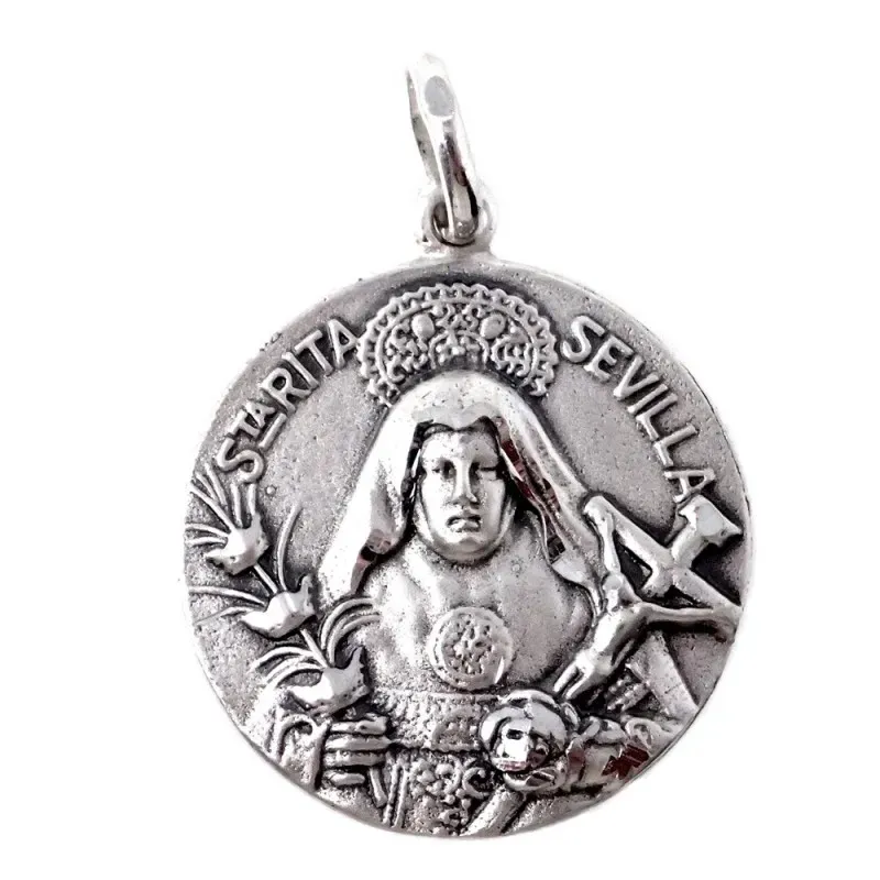 Medalla colgante plata Ley 925m maciza 23mm. Santa Rita de Sevilla detalles tallados trasera lisa