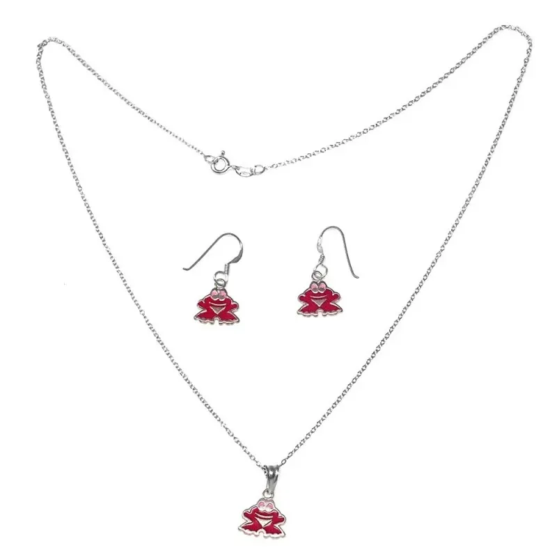 Juego plata Ley 925m gargantilla 45cm. pendientes rana rosa [AB9059]