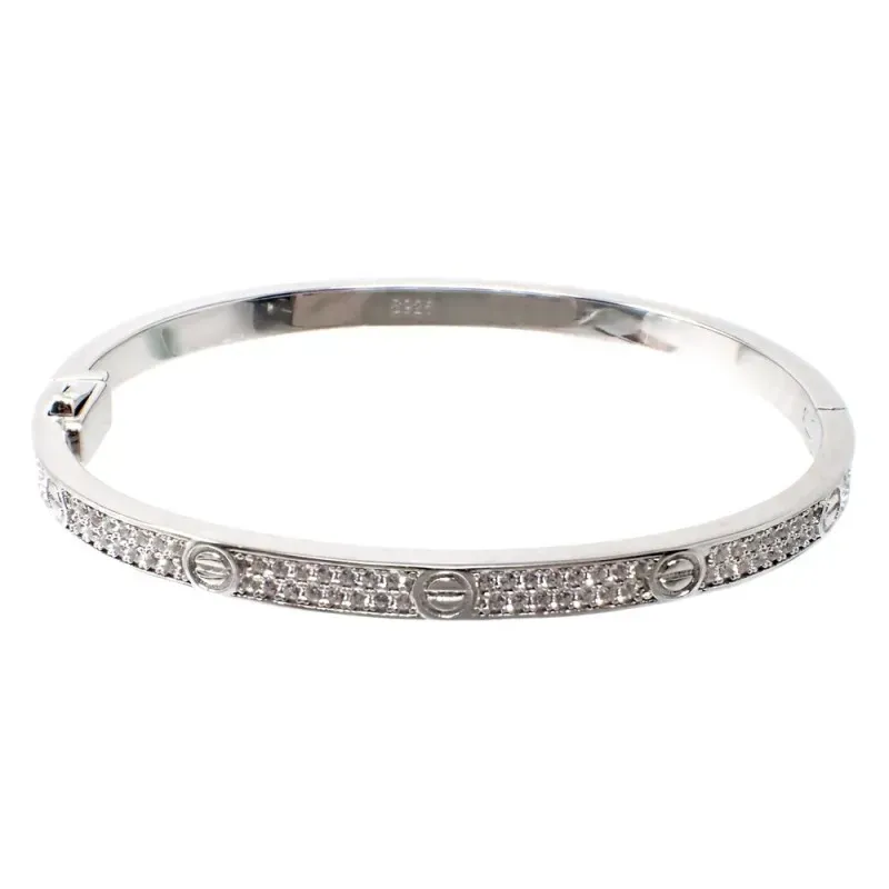 Brazalete plata Ley 925m terminación rodio liso detalles dibujo tornillo circonitas