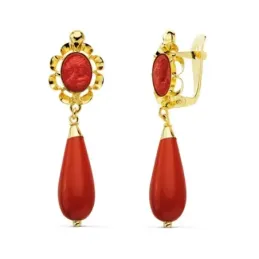 Pendientes oro 18k largos lágrima coralina camafeo [AB4611]