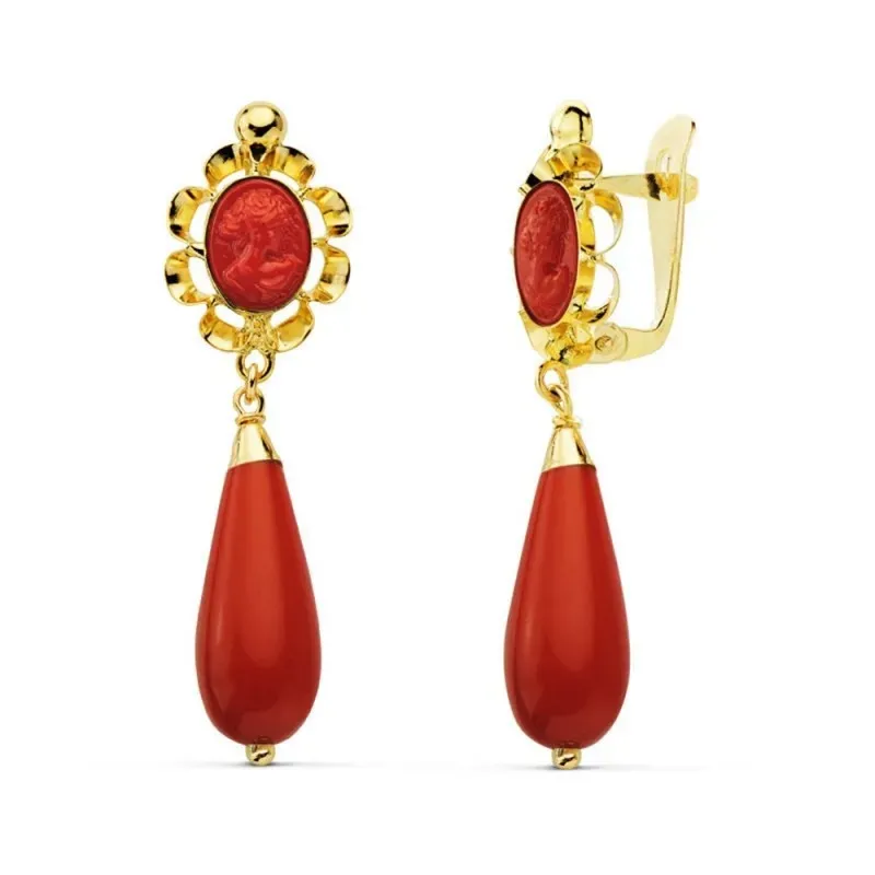 Pendientes oro 18k largos lágrima coralina camafeo [AB4611]