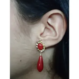 Pendientes oro 18k largos lágrima coralina camafeo [AB4611]