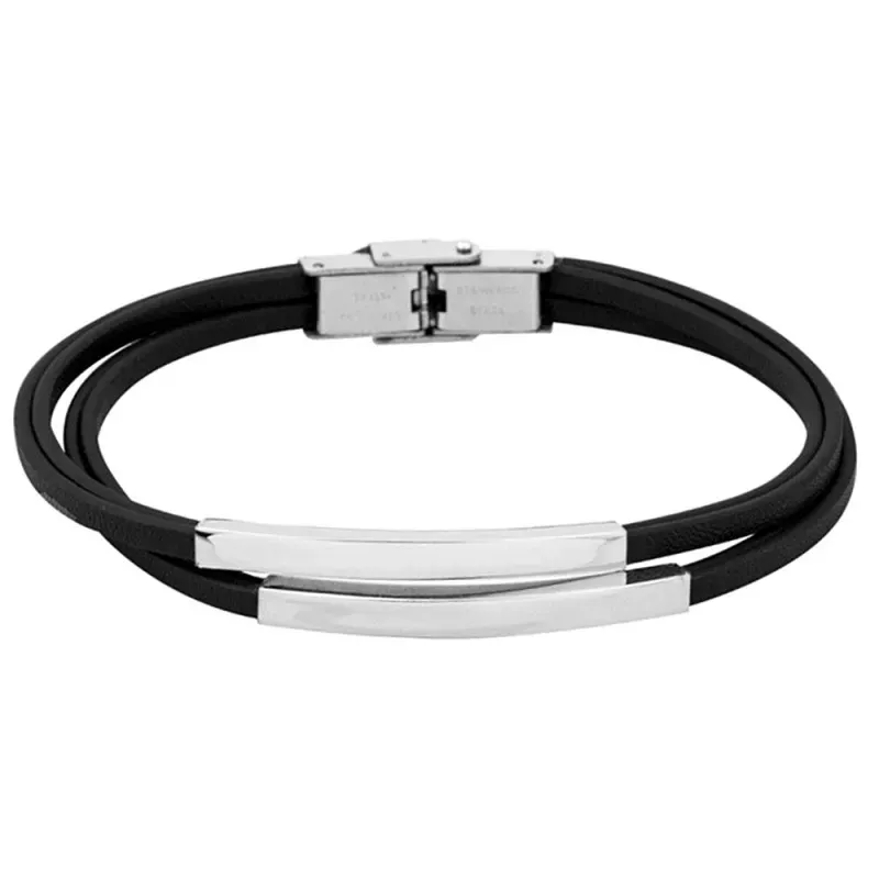 Pulsera acero inoxidable rodiado 22cm. hombre doble tira cuero sintét