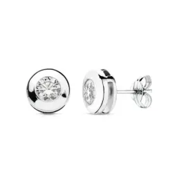 Pendientes oro blanco 18k chatón circonita 8mm. cierre presión mujer