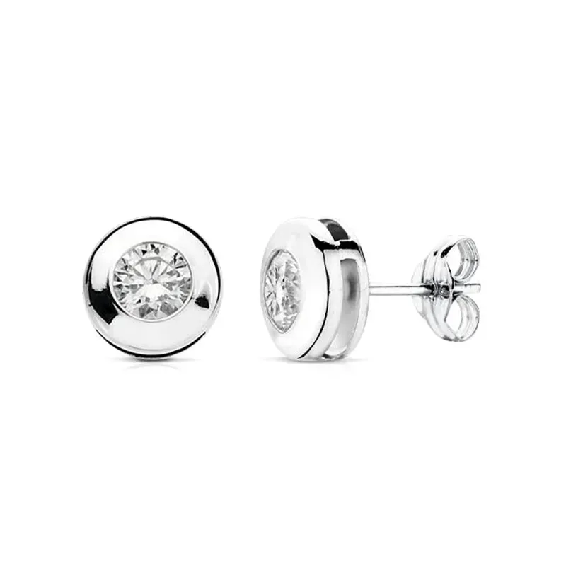 Pendientes oro blanco 18k chatón circonita 8mm. cierre presión mujer