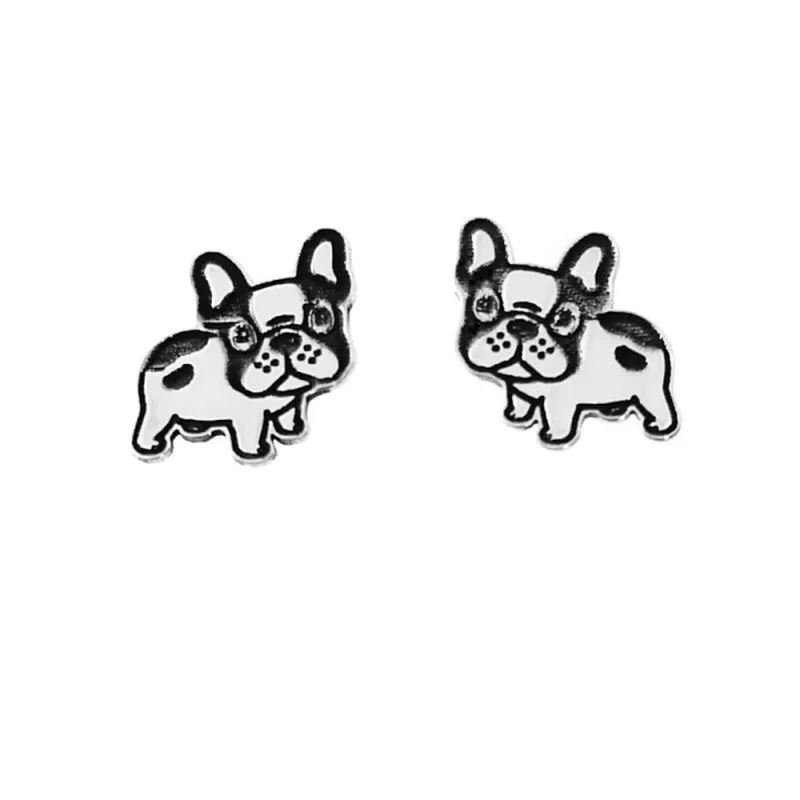Pendientes plata Ley 925m perrito 8mm. Bulldog liso detalle manchita cierre presión