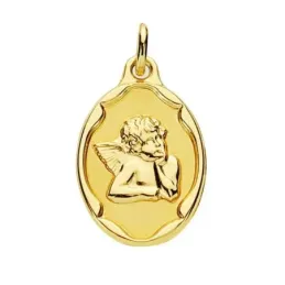 Medalla oro 9k ángel relieve oval 21mm. lisa borde detalles