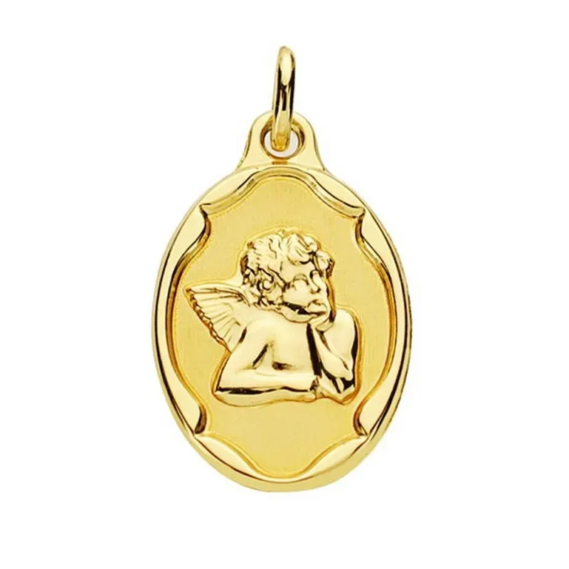 Medalla oro 9k ángel relieve oval 21mm. lisa borde detalles