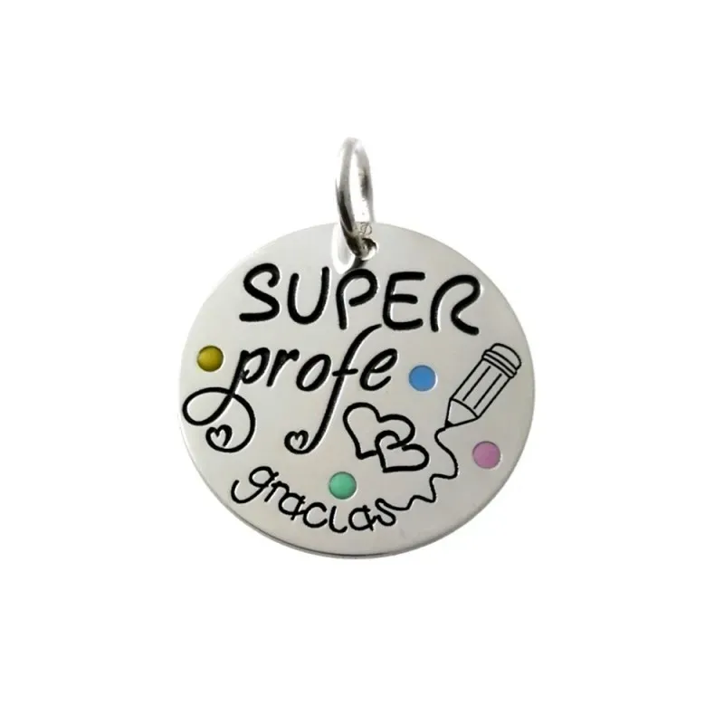 Colgante plata Ley 925m chapa 20mm. lunares colores esmaltados mensaje SUPER PROFE GRACIAS