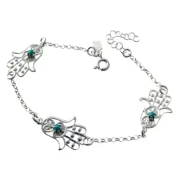 Pulsera plata Ley 925m cadena rolo 18cm. detalle mano de Fátima centro piedra azul cierre reasa