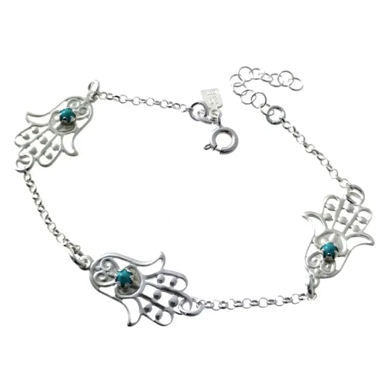 Pulsera plata Ley 925m cadena rolo 18cm. detalle mano de Fátima centro piedra azul cierre reasa