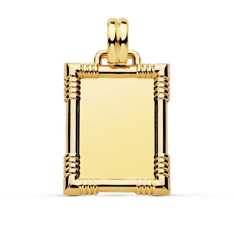 Colgante oro 9k chapa 25mm. lisa brillo rectangular borde detalles tallados