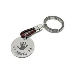 Llavero plata Ley 925m cuero marrón chapa 30mm. huella mano nombre personalizado oxidado