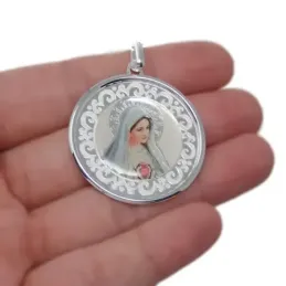 Medalla plata Ley 925m Virgen Fátima 35mm. imagen resina plástica redonda unisex