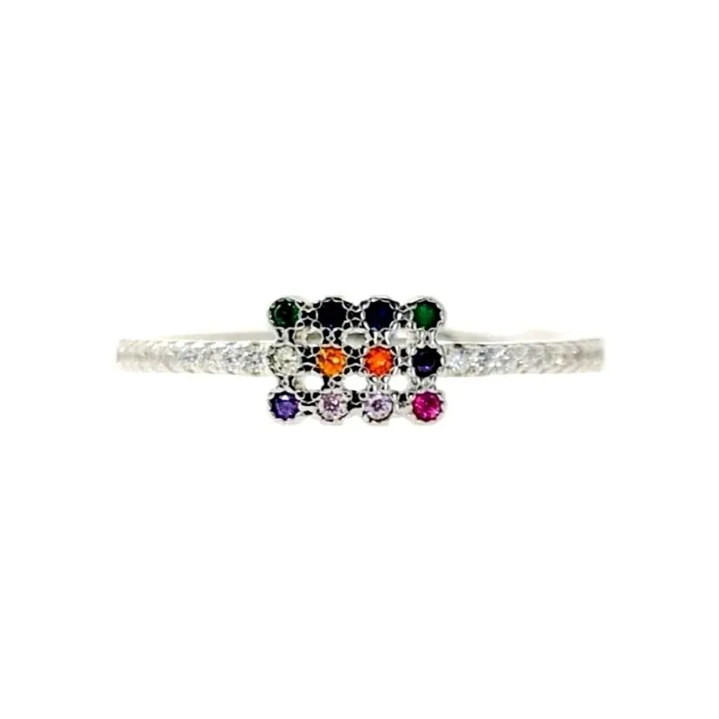 Sortija plata Ley 925m mujer rectángulo centro circonitas colores pie