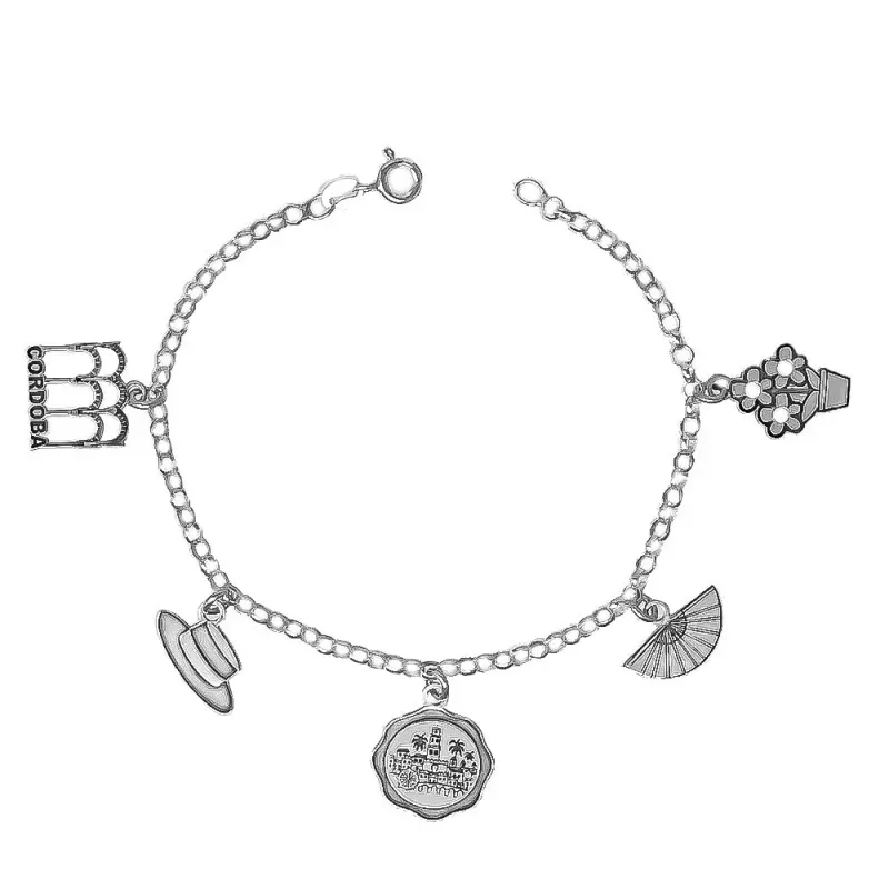 Pulsera Cordobesa Plata Ley 925m cadena rolo 19 cm. charms colgantes
