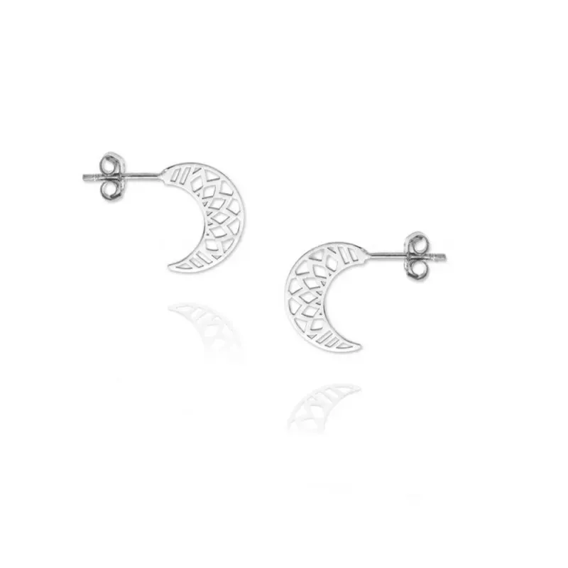 Pendientes plata Ley 925m mujer 15mm. rodiados luna invertida azteca centro calado rombos presión