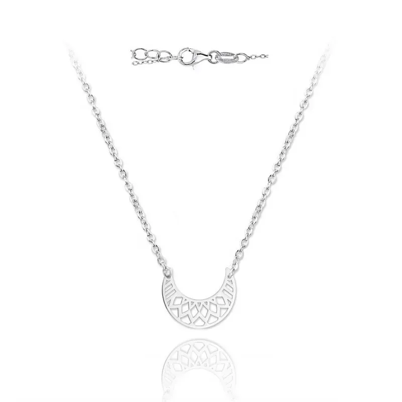 Gargantilla plata Ley 925m mujer 41cm. rodiada luna invertida azteca centro calado rombos mosquetón