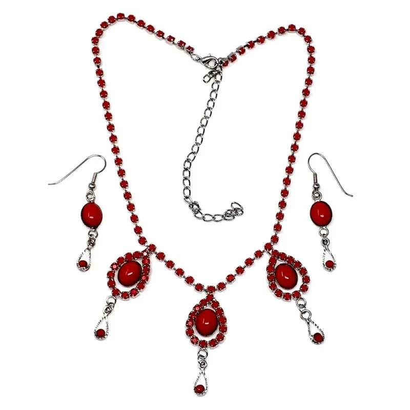 Juego metal rodiado gargantilla pendientes piedra roja [AB9069]