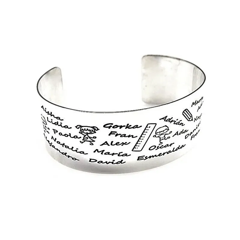Brazalete plata Ley 925m personalizado muñecos niños niñas detalles lápiz regla oxidados