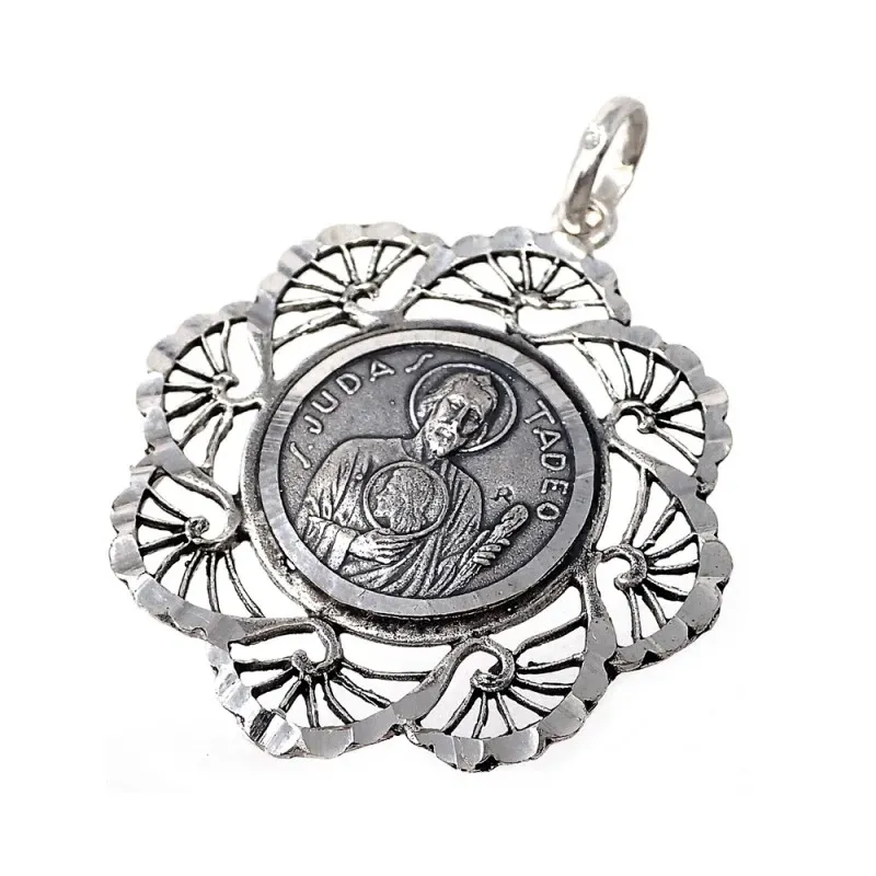 Medalla plata ley 925m San Judas Tadeo 34mm. cerco flecos mujer [AC1656]
