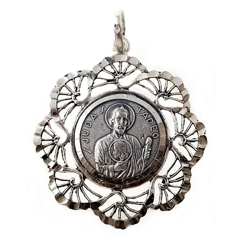 Medalla plata ley 925m San Judas Tadeo 34mm. cerco flecos mujer [AC1656]