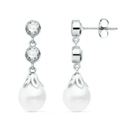 Pendientes oro blanco 18k largos 24mm. perlas 6mm. circonitas novia cierre presión mujer