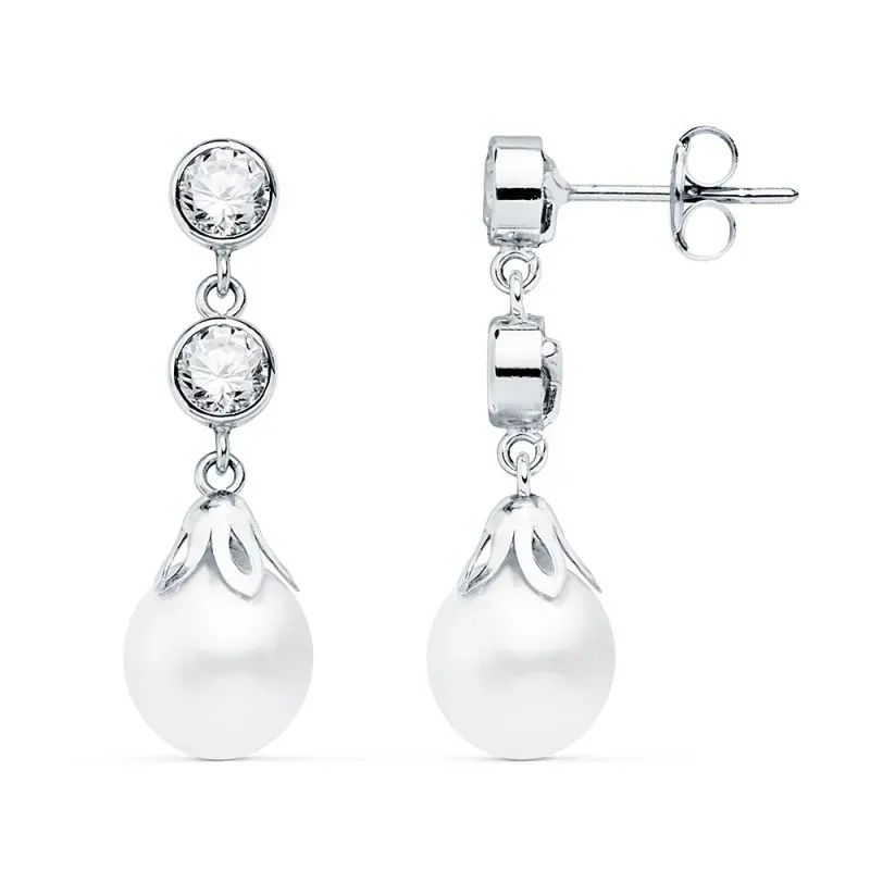 Pendientes oro blanco 18k largos 24mm. perlas 6mm. circonitas novia cierre presión mujer