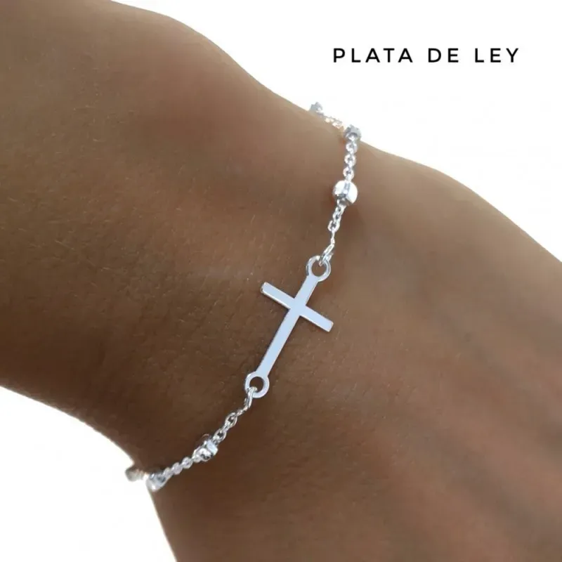 Pulsera plata Ley 925m cadena combinada 17cm. centro cruz lisa cierre mosquetón