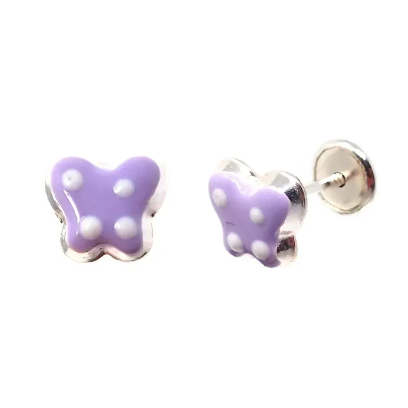 Pendientes plata Ley 925m niña 7 mm. mariposa esmaltada morada lunare