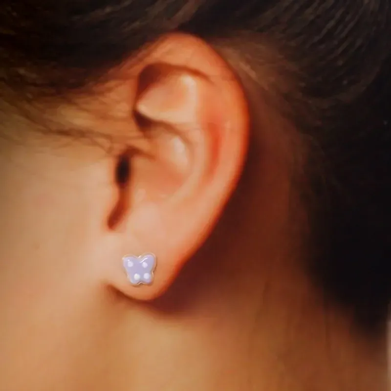 Pendientes plata Ley 925m niña 7 mm. mariposa esmaltada morada lunare