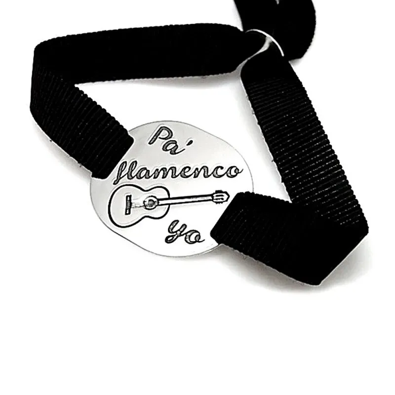 Pulsera plata Ley 925m chapa PA FLAMENCO YO guitarra lazo liso negro cierre adapatador plata