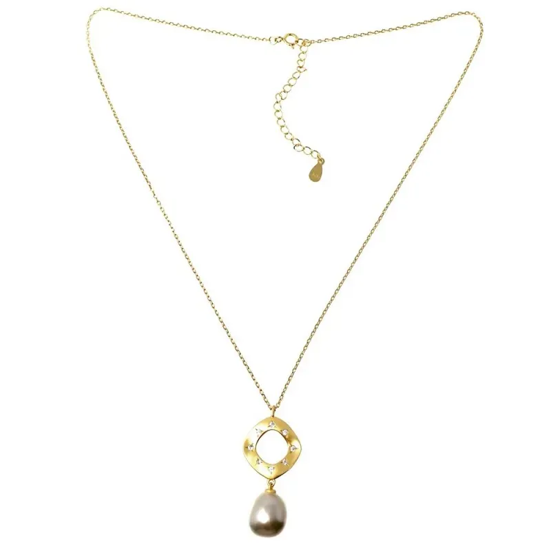 Gargantilla plata Ley 925m chapada oro 40.5cm. colgante matizado detalle circonitas perla cultivada