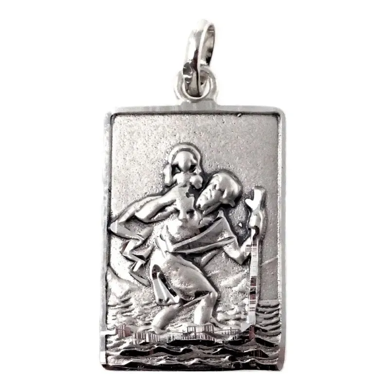 Medalla colgante plata Ley 925m maciza 26mm San Cristobal rectangular detalles tallados trasera lisa