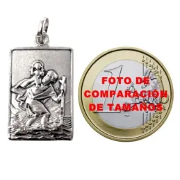 Medalla colgante plata Ley 925m maciza 26mm San Cristobal rectangular detalles tallados trasera lisa