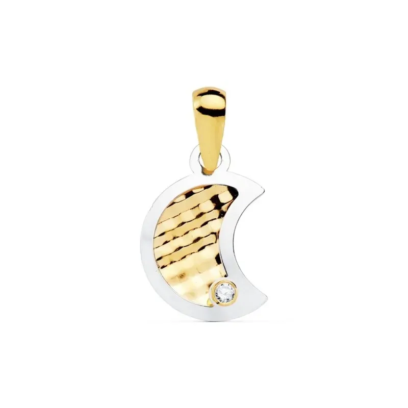 Colgante oro bicolor 18k mujer 11mm. luna centro tallado borde punta circonita