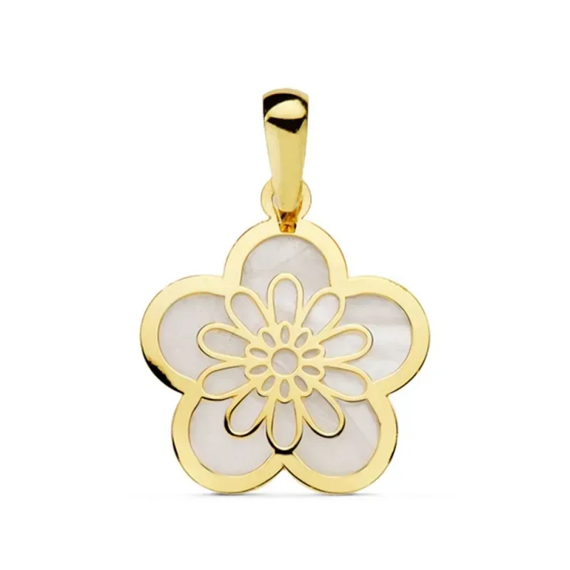 Colgante oro 9k mujer 17 mm. nácar forma flor combinada lisa