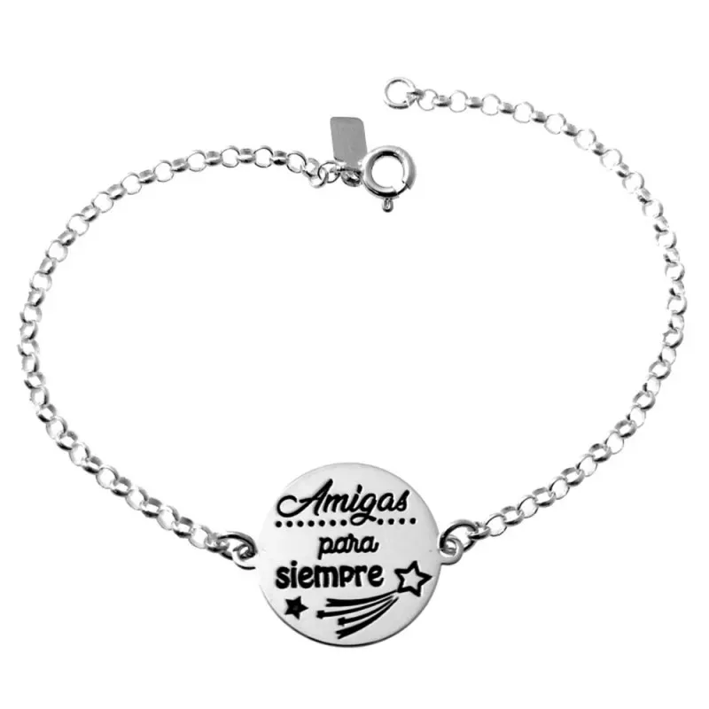 Pulsera plata Ley 925m cadena rolo 19cm. disco mensaje AMIGAS POR SIEMPRE estrellas cierre reasa